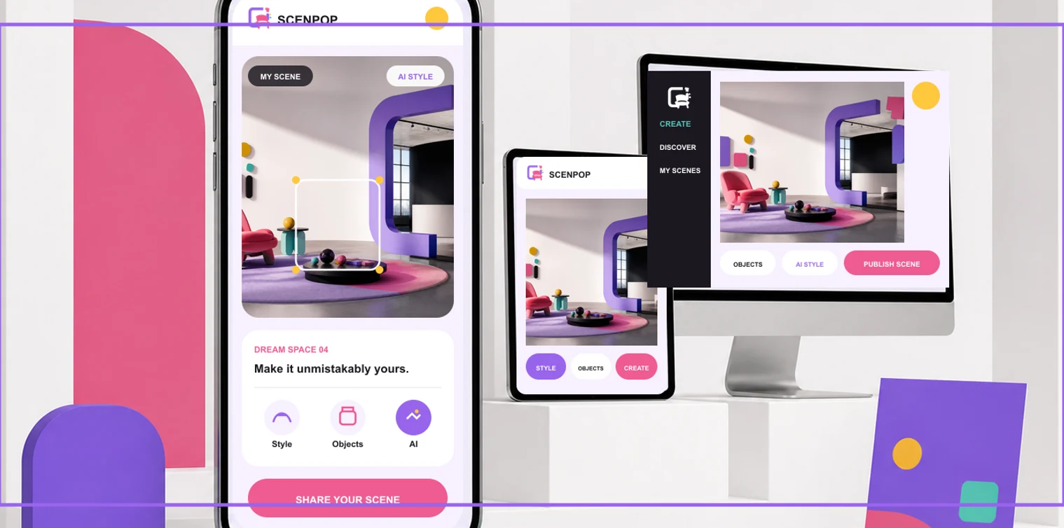 SCENPOP brand concept showing a creative scene across phone, tablet and desktop