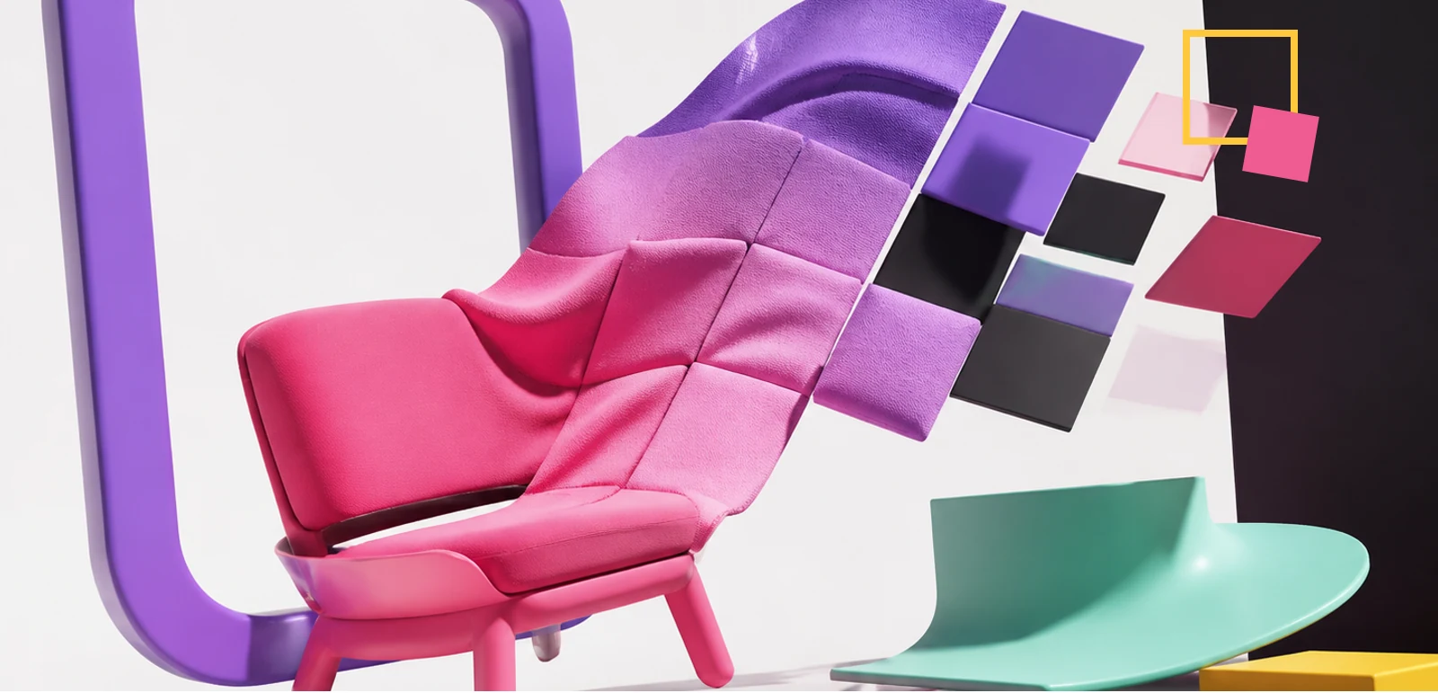 A pink chair transforming into tactile lilac and rose material samples