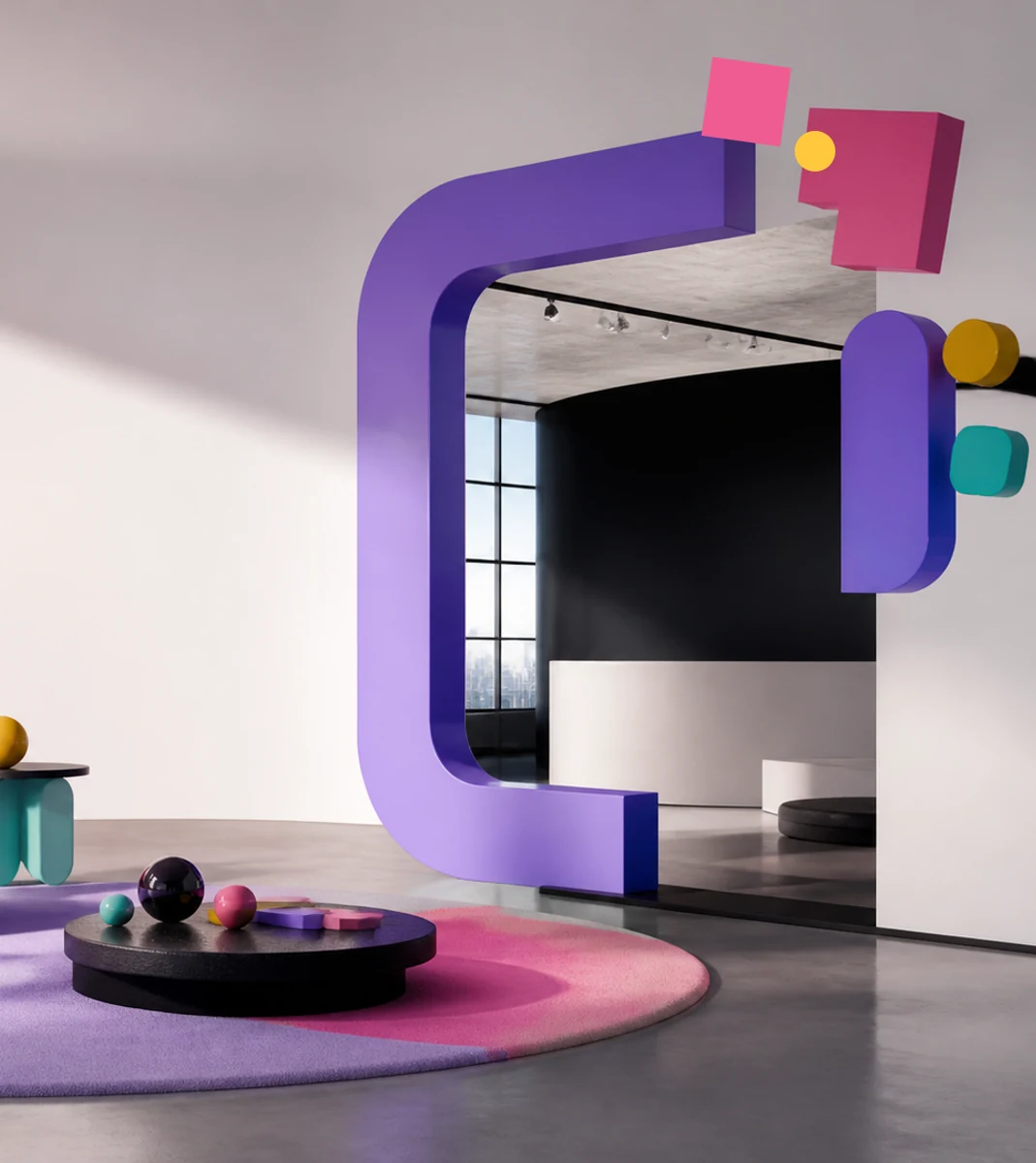 A playful interior with a lilac frame and rose-pink rug